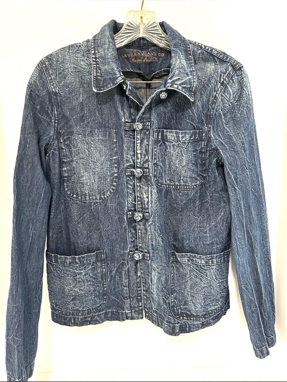 Ralph Lauren Jeans Co Women’s Size Medium Distressed Blue Denim Knot Closure Top